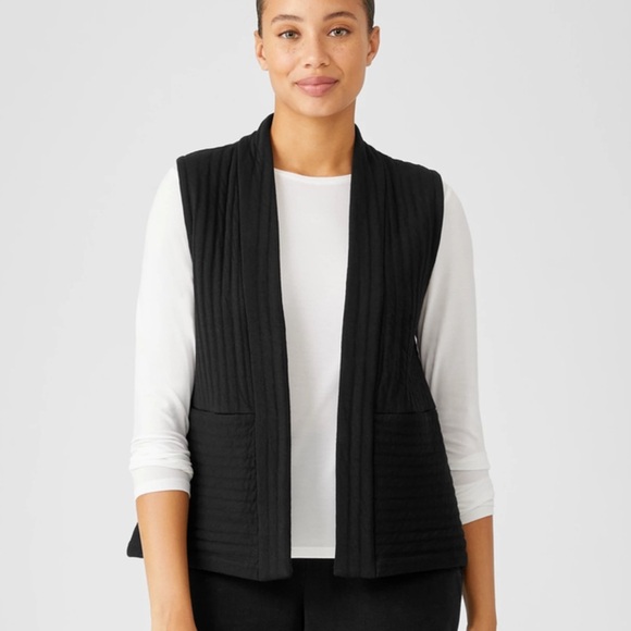Eileen Fisher | Organic Cotton Channels High Collar Vest Black Size Medium - Picture 1 of 4